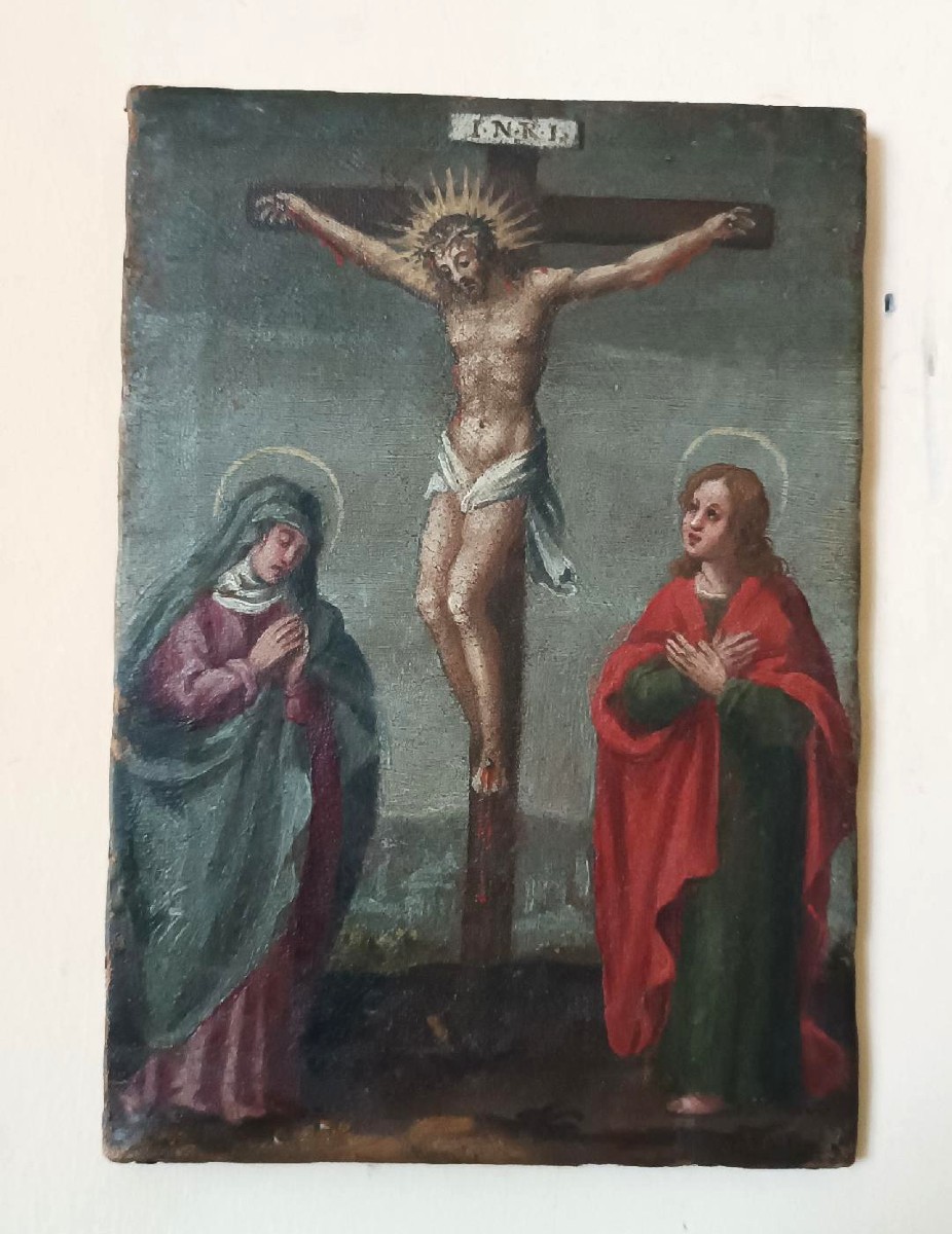 Tableau ancien, huile sur toile, crucifixion, XVIIIe siècle