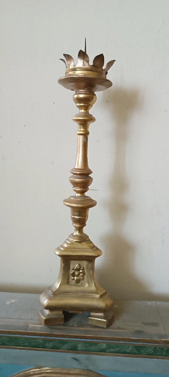 Antique 18th-century Tuscan Candlestick, Gilded Wood-photo-3