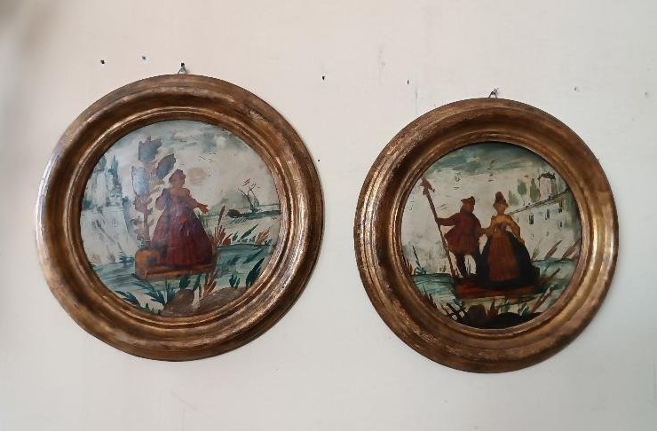 Paire de tableaux anciens, Venise, XVIIIe siècle, technique Arte Povera-photo-2