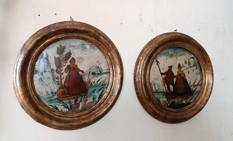 Paire de tableaux anciens, Venise, XVIIIe siècle, technique Arte Povera