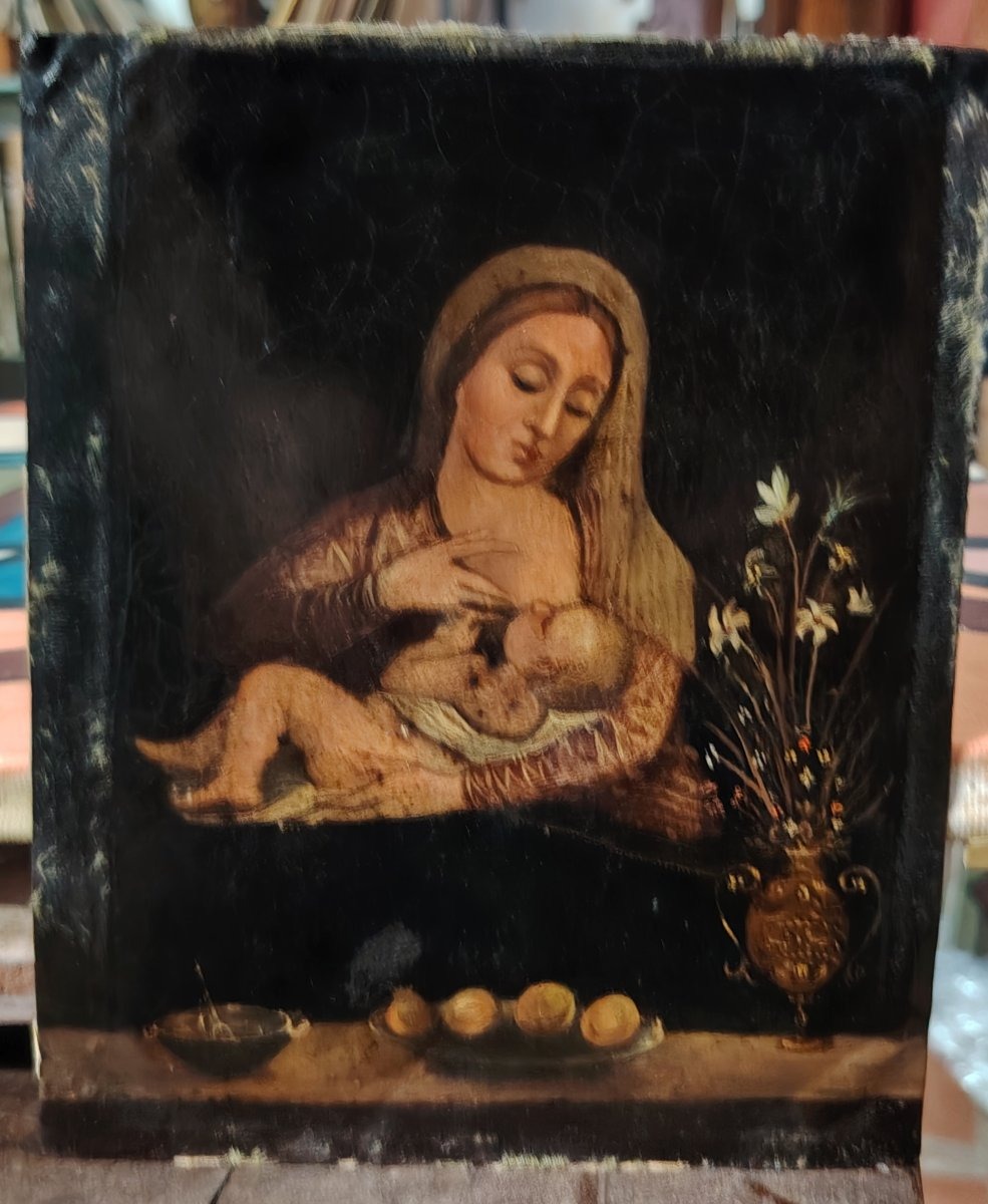 La Vierge au lait (Virgo Lactans), peinture sur cuivre du XVIIIe siècle (Italie)
