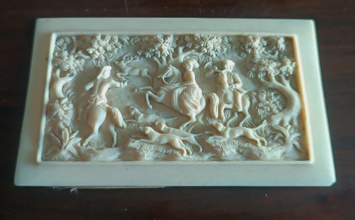 Plaque en ivoire antique, finement sculptée, scène de chasse-photo-2