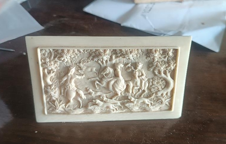 Plaque en ivoire antique, finement sculptée, scène de chasse-photo-4