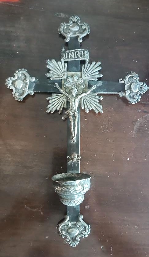 Antique Crucifix, Holy Water Stoup, In Silver, 19th Century Naples-photo-2