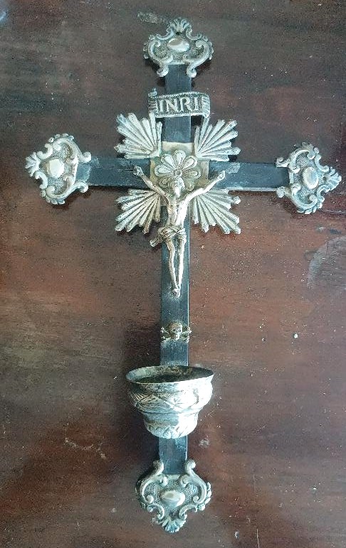 Antique Crucifix, Holy Water Stoup, In Silver, 19th Century Naples-photo-3