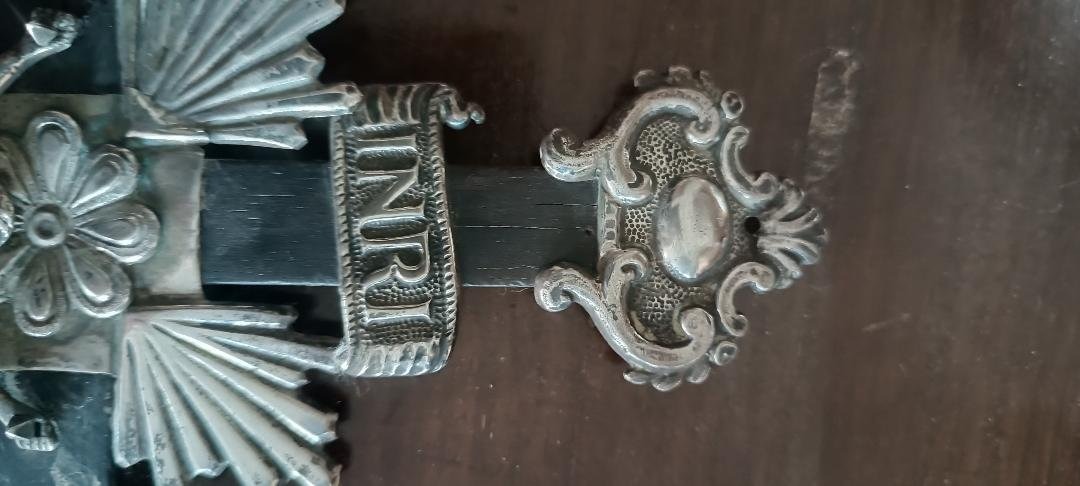 Antique Crucifix, Holy Water Stoup, In Silver, 19th Century Naples-photo-1