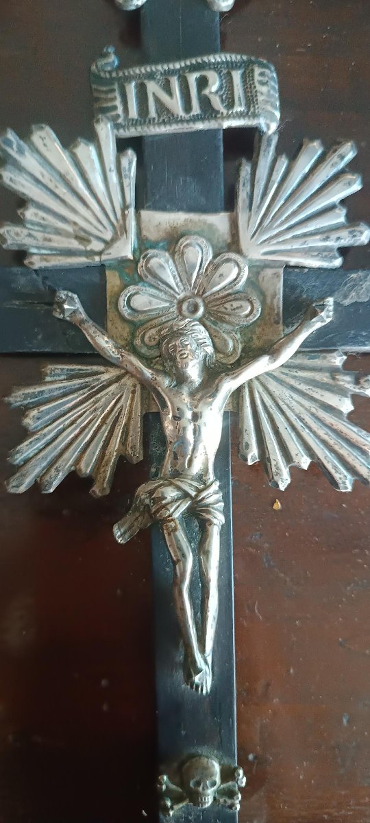 Antique Crucifix, Holy Water Stoup, In Silver, 19th Century Naples-photo-3