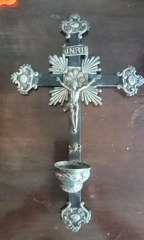 Antique Crucifix, Holy Water Stoup, In Silver, 19th Century Naples