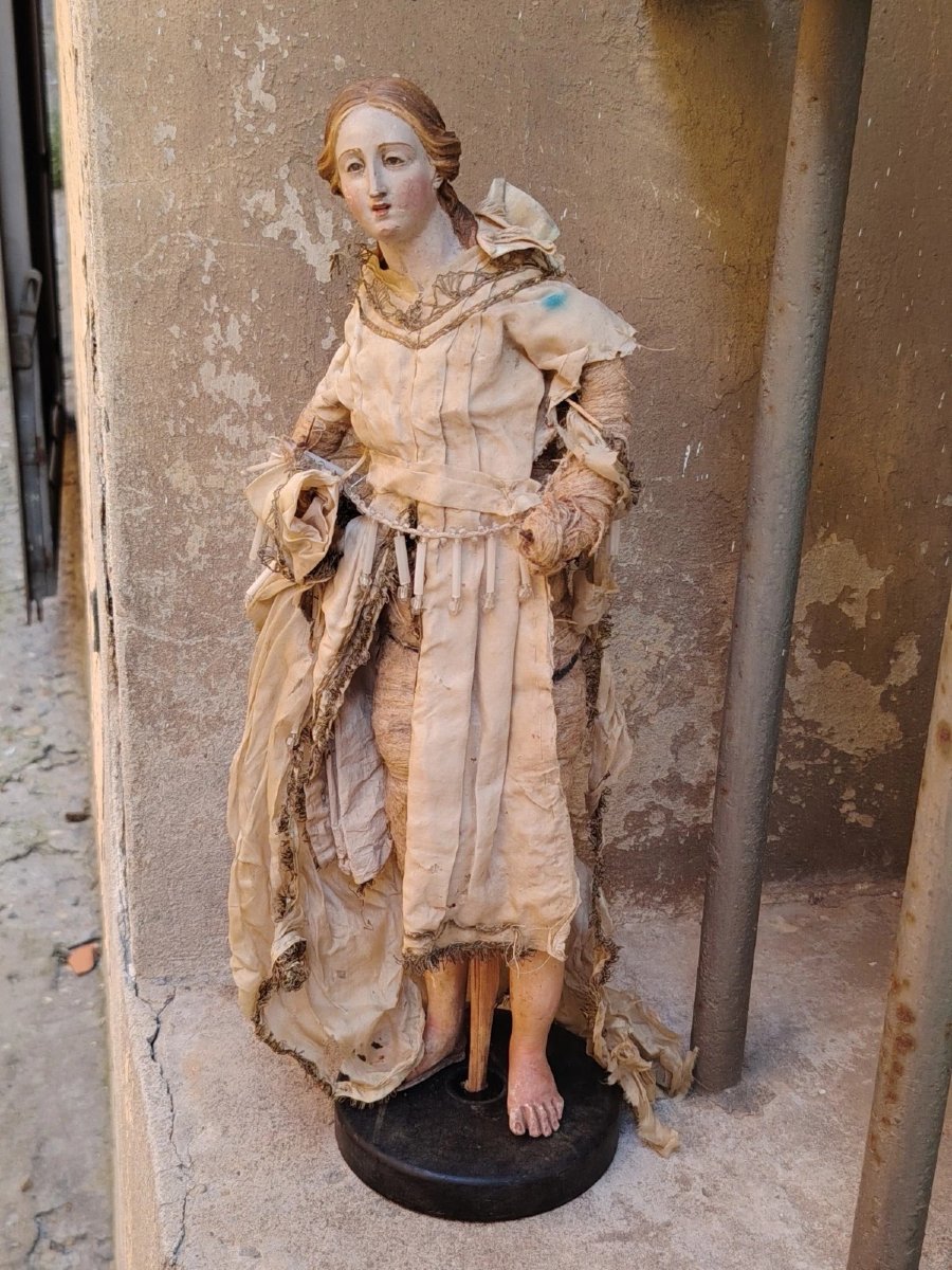 Statue antique d'un saint à tête en terre cuite et yeux de verre - Naples, XVIIIe siècle-photo-2