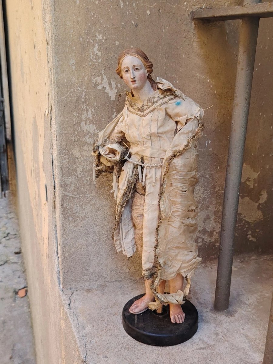 Statue antique d'un saint à tête en terre cuite et yeux de verre - Naples, XVIIIe siècle-photo-1
