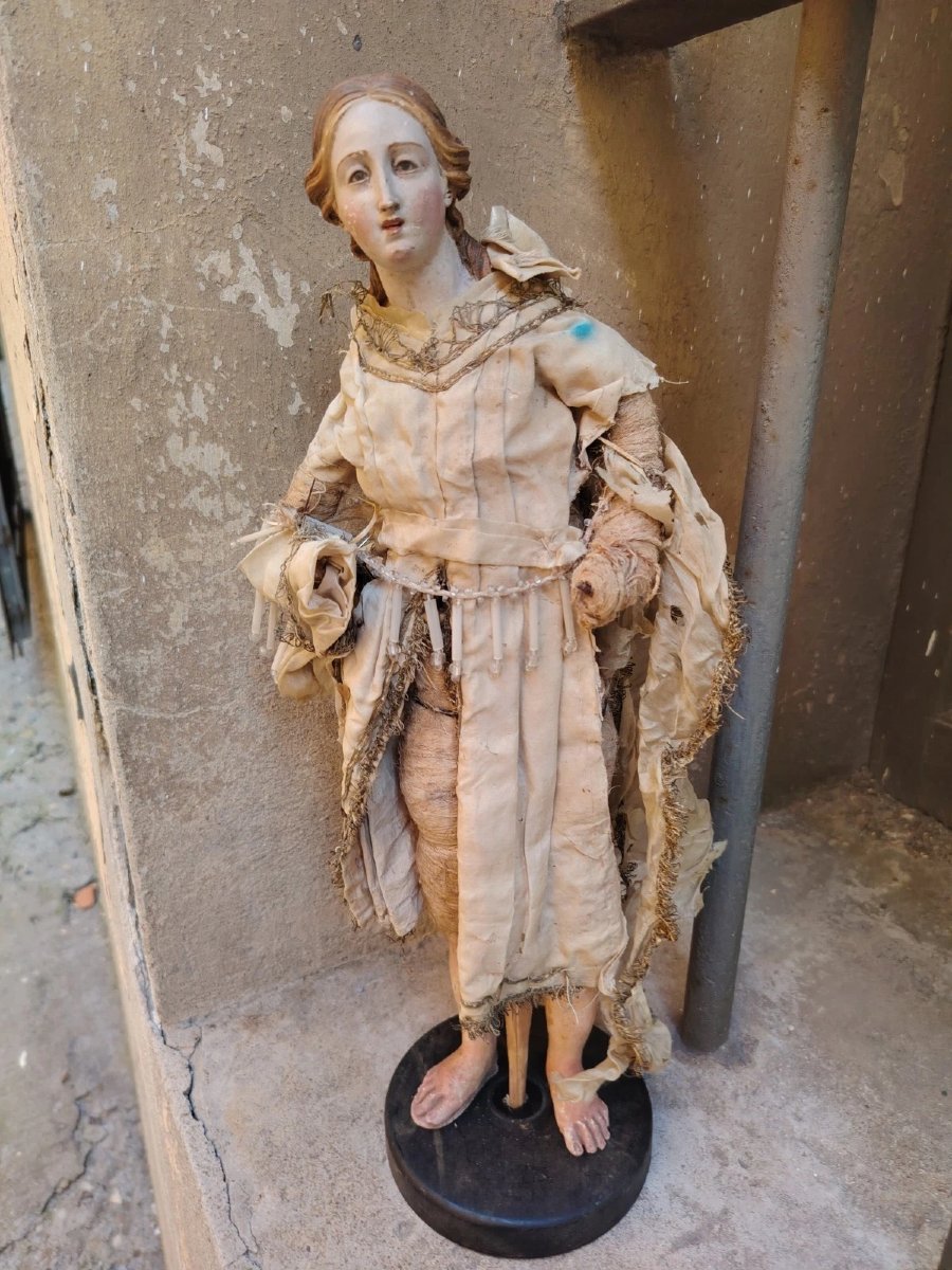 Statue antique d'un saint à tête en terre cuite et yeux de verre - Naples, XVIIIe siècle-photo-5