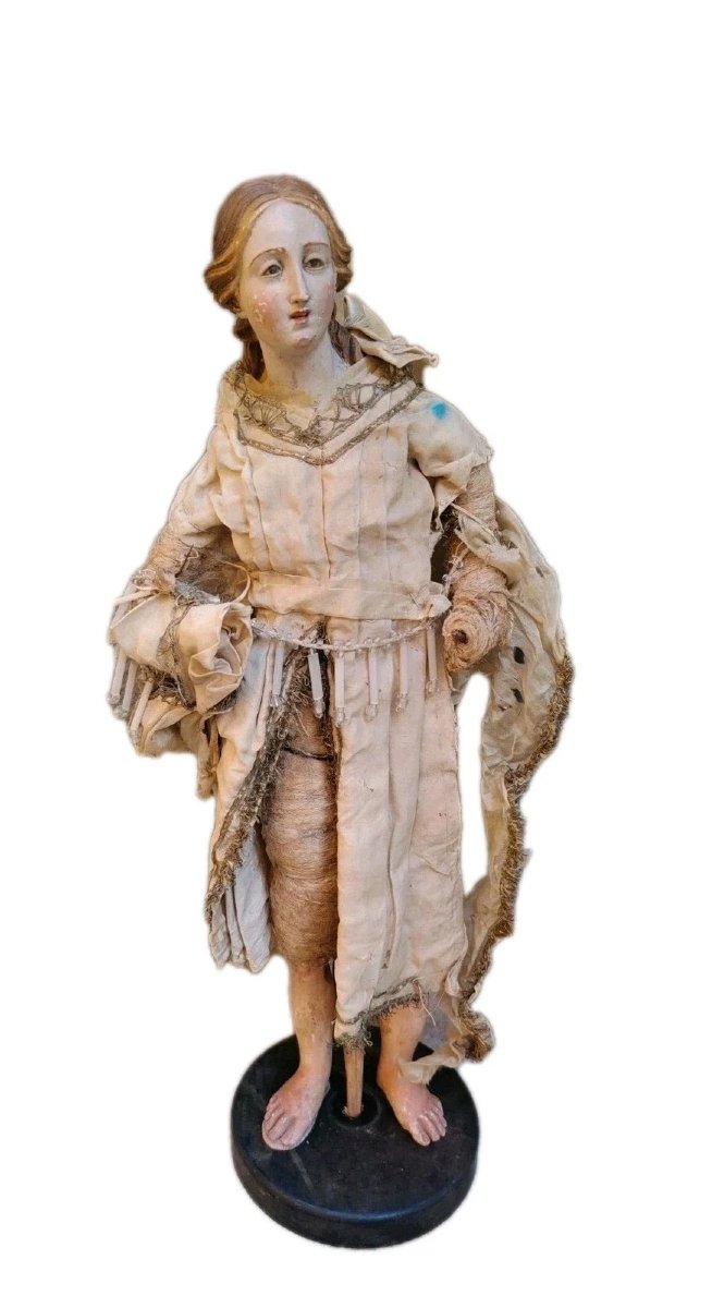 Statue antique d'un saint à tête en terre cuite et yeux de verre - Naples, XVIIIe siècle