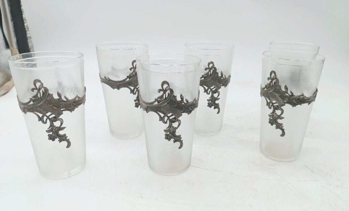 Tray With A Carafe And 6 Glasses, Made Of Glass And Silver-plated Metal, Late 19th Century-photo-4