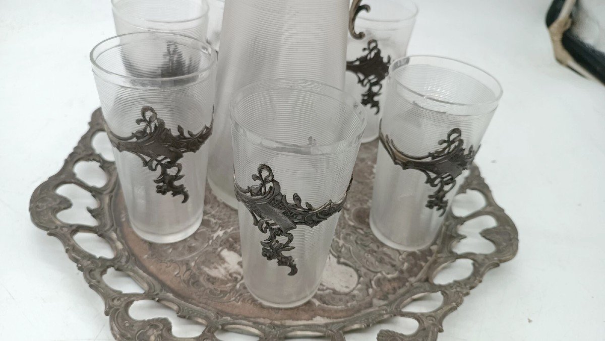 Tray With A Carafe And 6 Glasses, Made Of Glass And Silver-plated Metal, Late 19th Century-photo-2