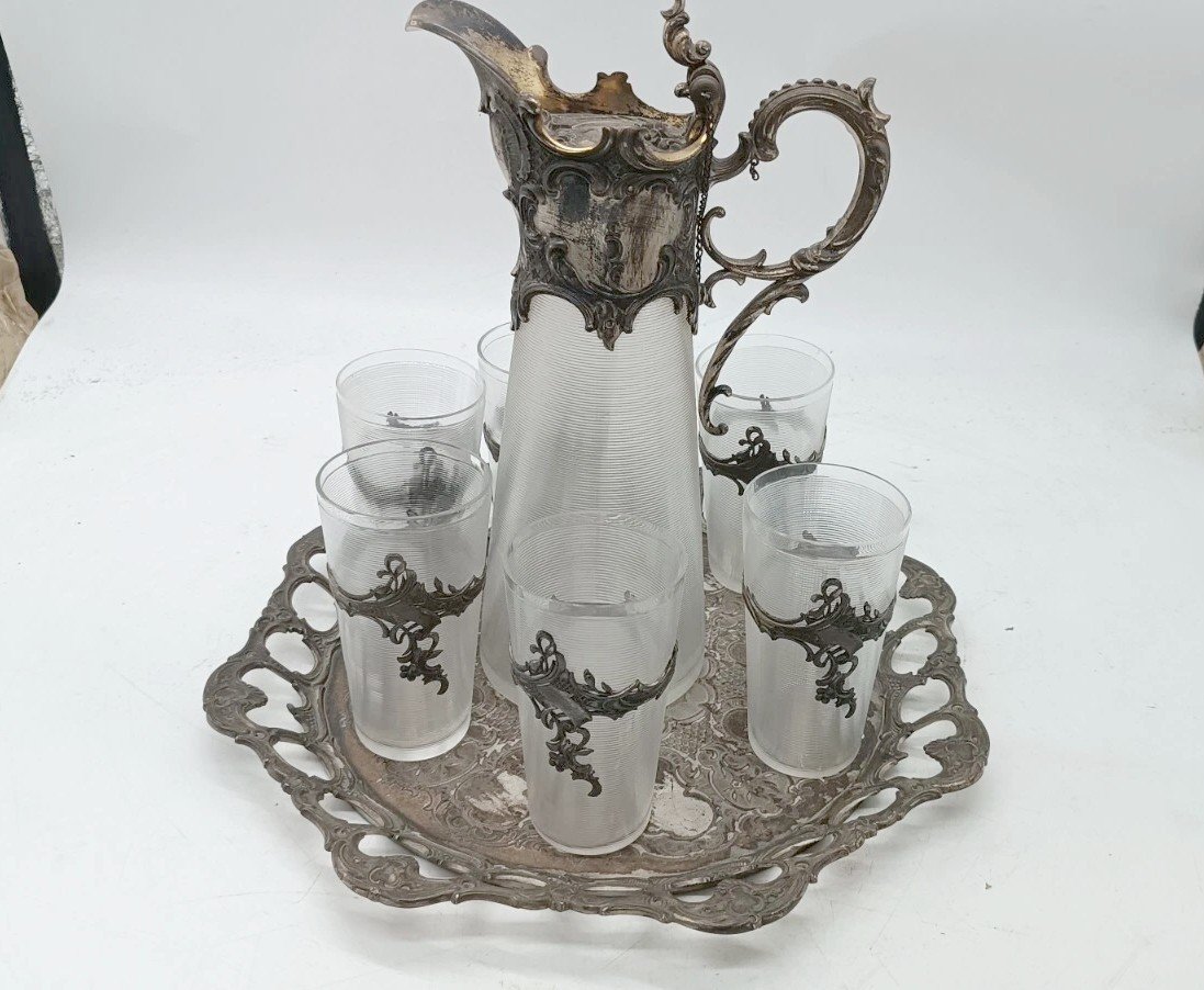 Tray With A Carafe And 6 Glasses, Made Of Glass And Silver-plated Metal, Late 19th Century