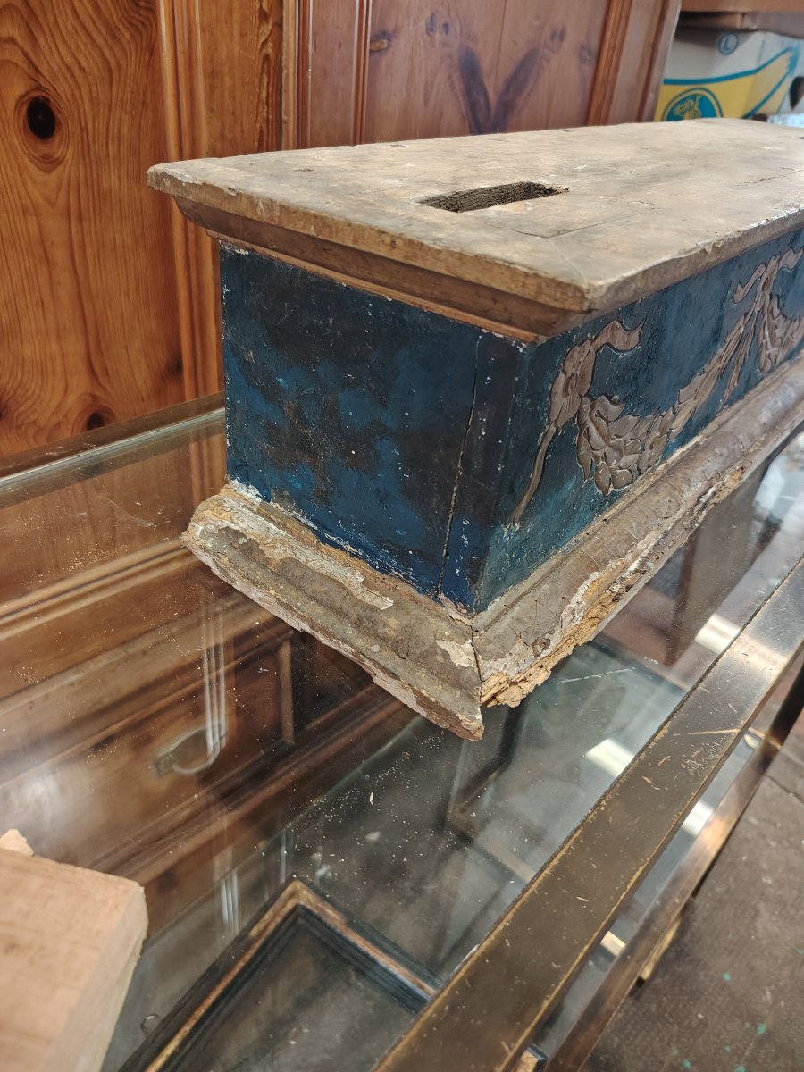 Antique Carved And Gilded Wooden Base With Blue Lacquer, 17th Century-photo-3