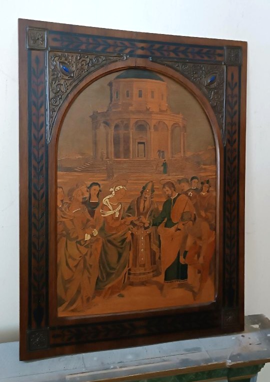 Panneau incrusté, cadre incrusté, Italie, début du XXe siècle, Le Mariage de la Vierge -photo-3