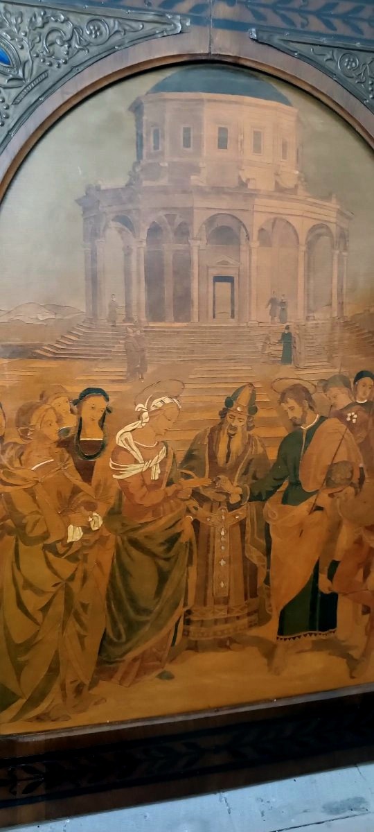 Panneau incrusté, cadre incrusté, Italie, début du XXe siècle, Le Mariage de la Vierge -photo-3
