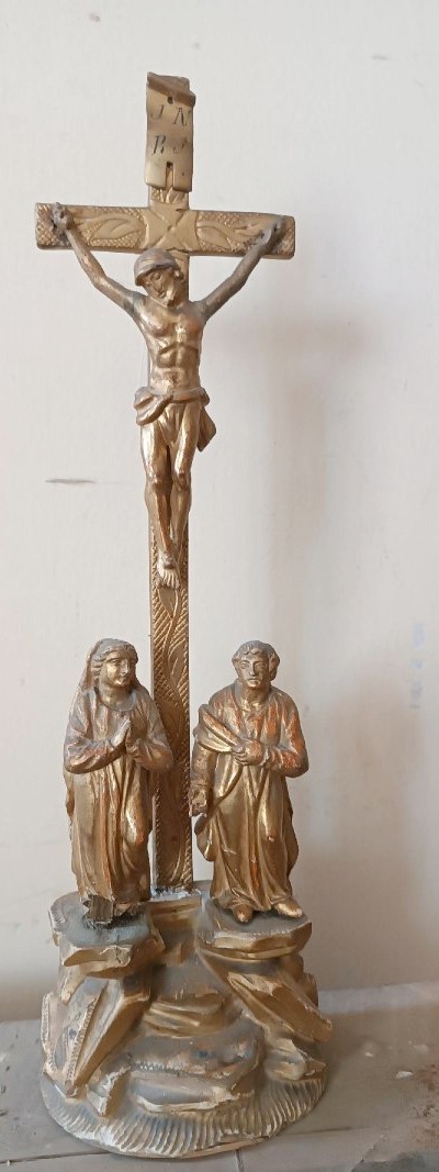 Antique Crucifix Depicting The Crucifixion At Golgotha, Gilded Wood, 19th Century-photo-3