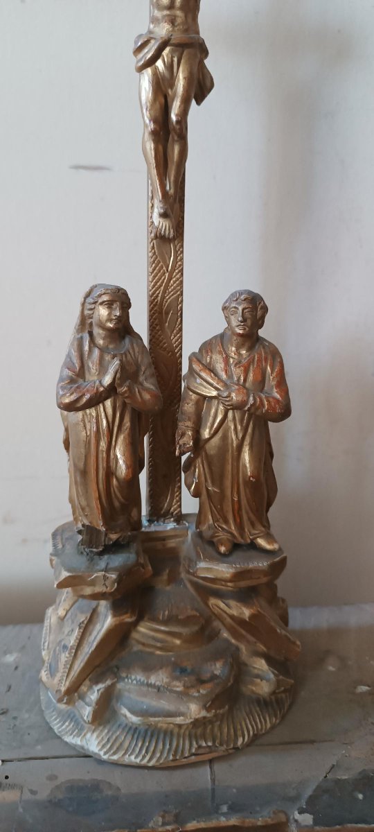 Antique Crucifix Depicting The Crucifixion At Golgotha, Gilded Wood, 19th Century-photo-4