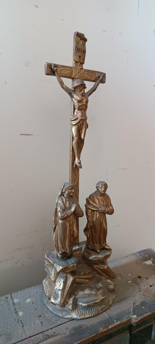 Antique Crucifix Depicting The Crucifixion At Golgotha, Gilded Wood, 19th Century-photo-4
