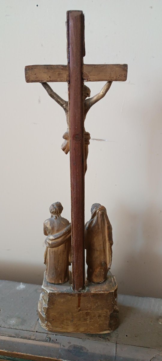 Antique Crucifix Depicting The Crucifixion At Golgotha, Gilded Wood, 19th Century-photo-5