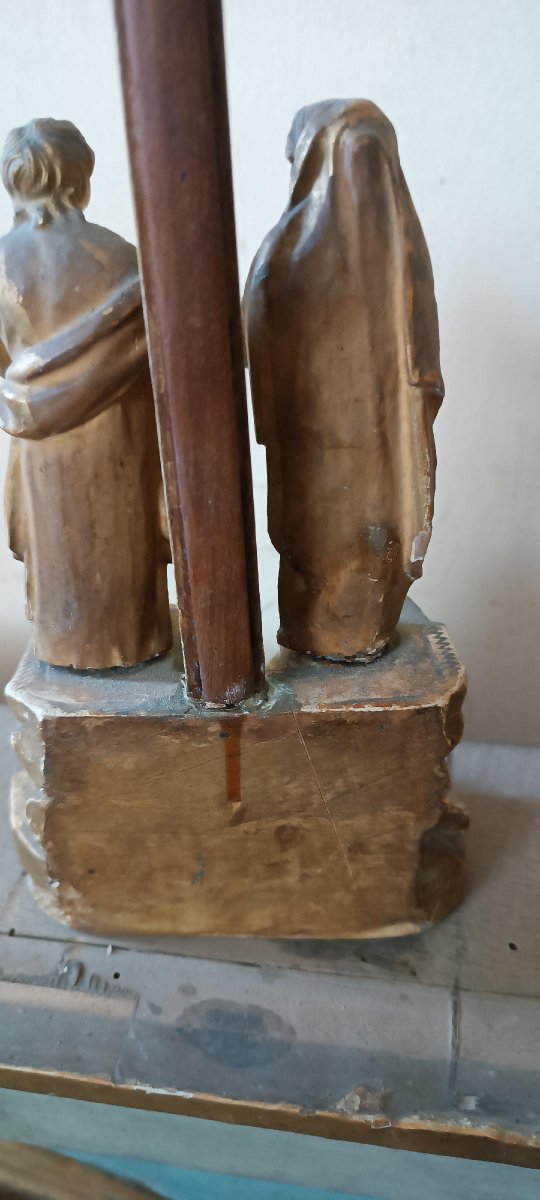 Antique Crucifix Depicting The Crucifixion At Golgotha, Gilded Wood, 19th Century-photo-6