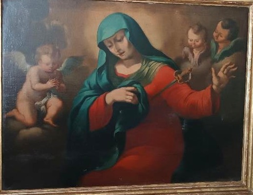 Grande huile sur toile ancienne représentant la Vierge en deuil - époque baroque-photo-3