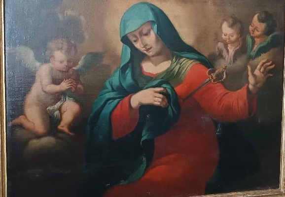 Grande huile sur toile ancienne représentant la Vierge en deuil - époque baroque-photo-4