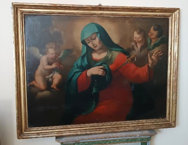 Grande huile sur toile ancienne représentant la Vierge en deuil - époque baroque