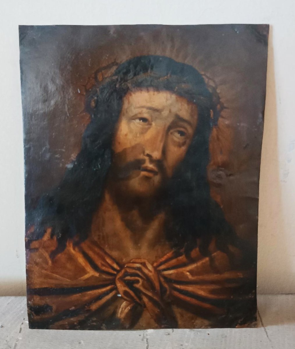 Peinture ancienne sur cuivre, Christ Ecce Homo-photo-2