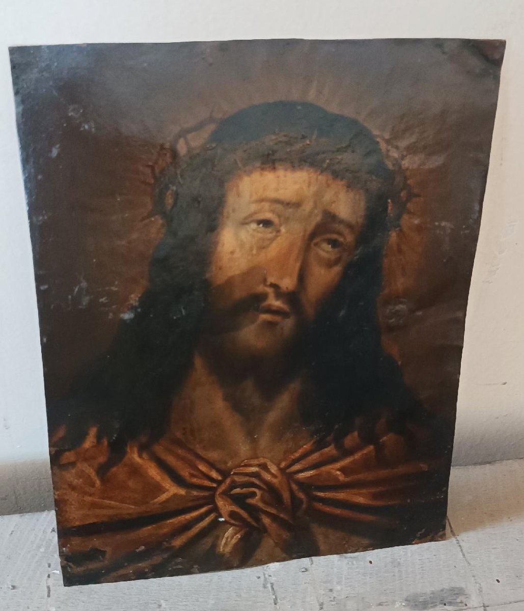 Peinture ancienne sur cuivre, Christ Ecce Homo-photo-3