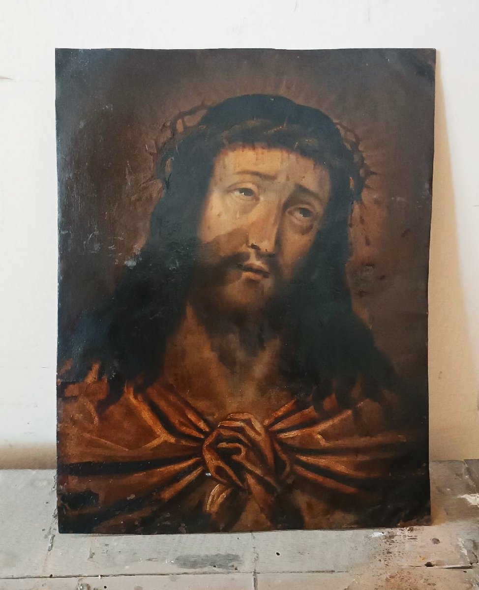 Peinture ancienne sur cuivre, Christ Ecce Homo-photo-1