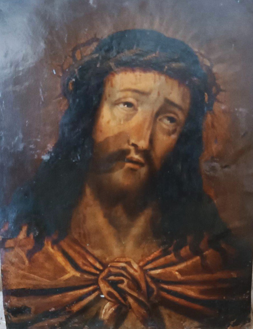 Peinture ancienne sur cuivre, Christ Ecce Homo