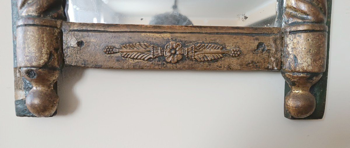 Petit Miroir Empire Ancien En Bois Doré Peint Sur Verre-photo-3