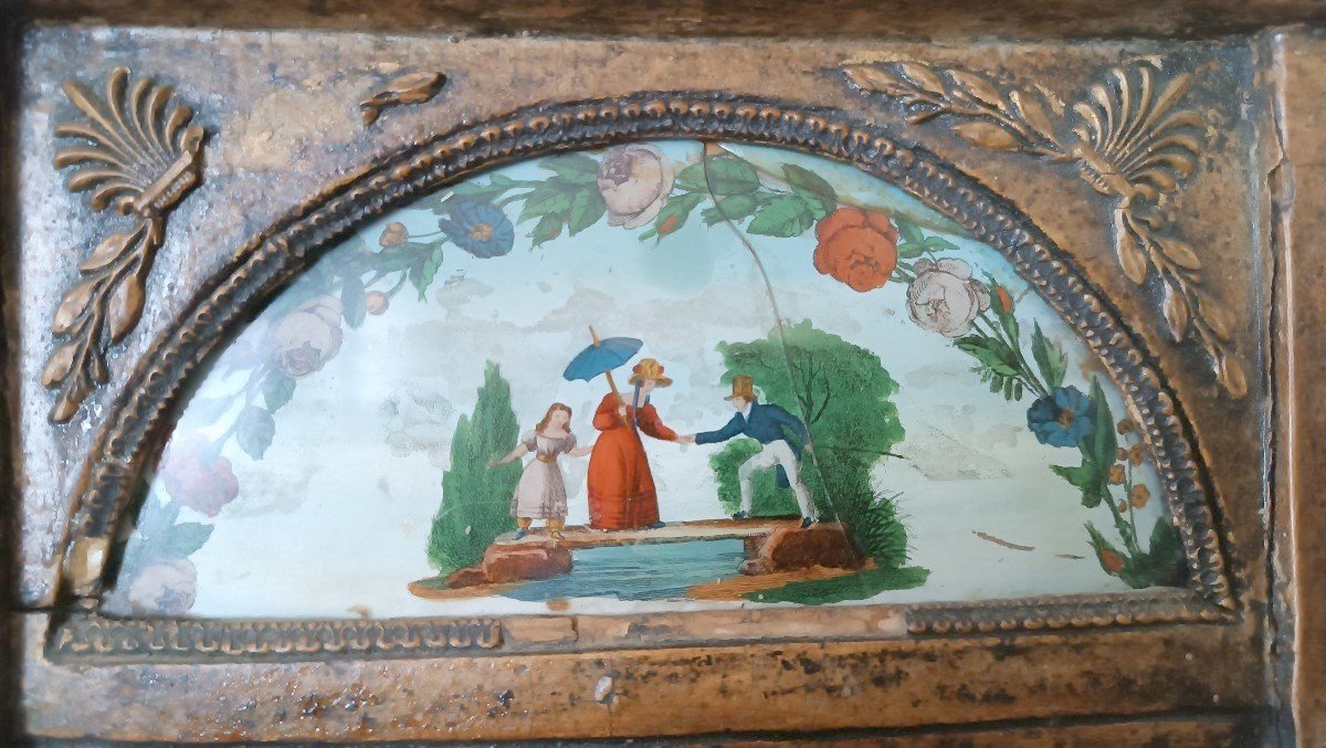 Petit Miroir Empire Ancien En Bois Doré Peint Sur Verre-photo-4
