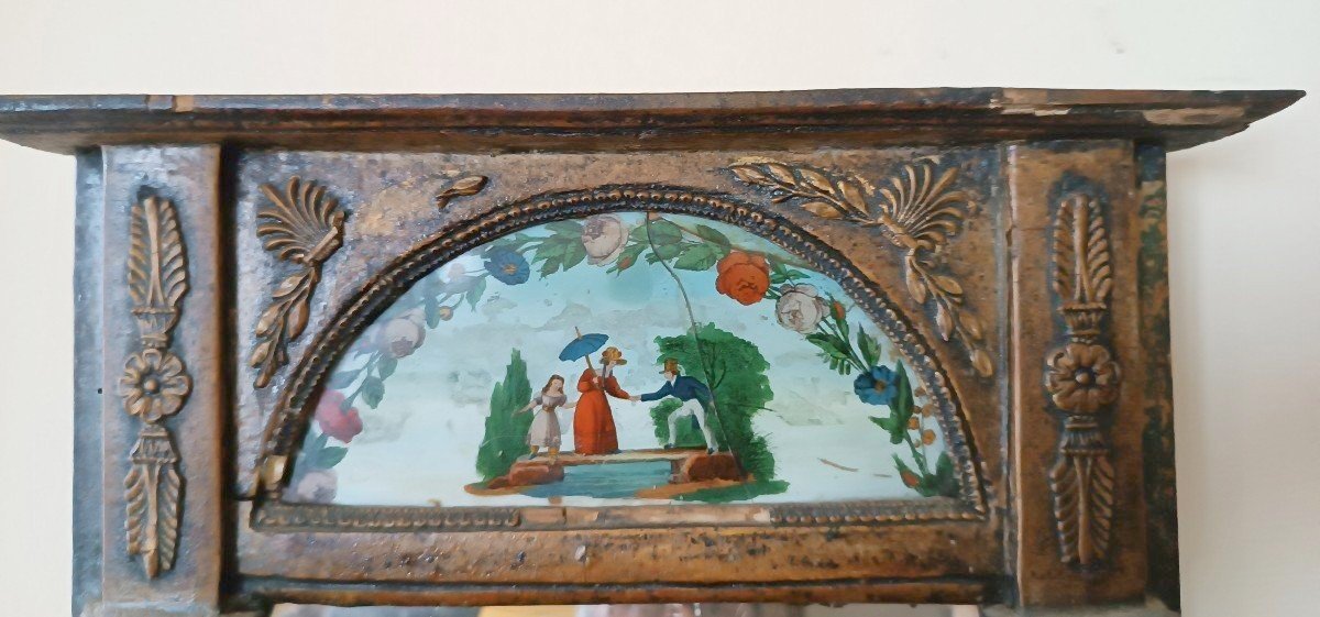 Petit Miroir Empire Ancien En Bois Doré Peint Sur Verre-photo-1