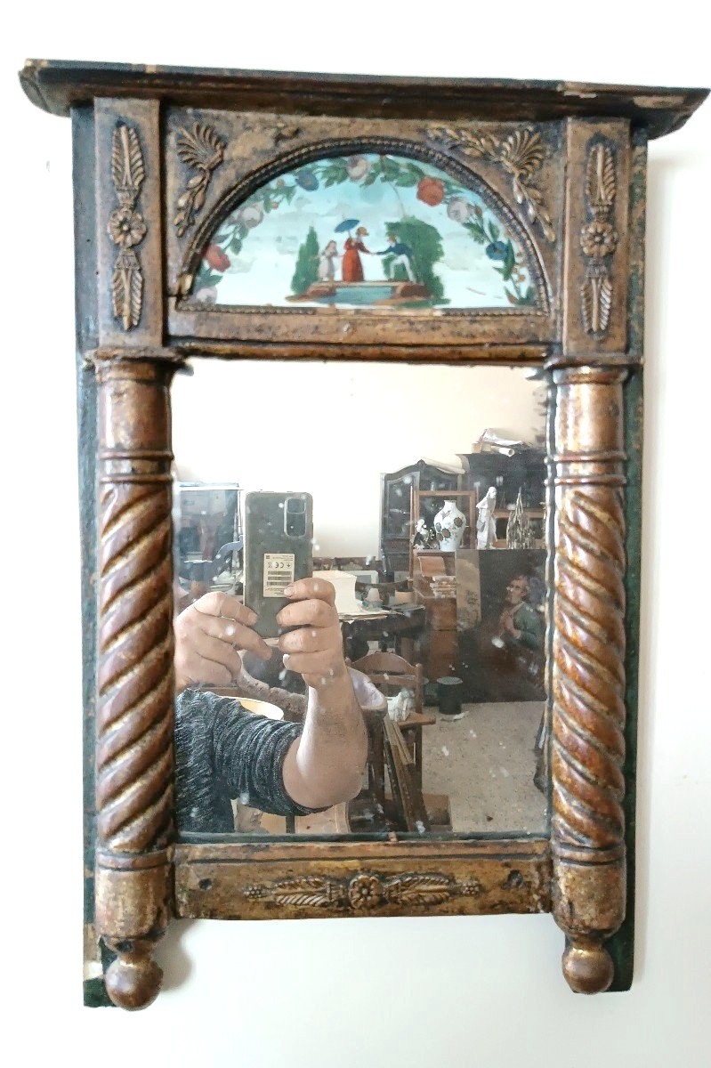 Petit Miroir Empire Ancien En Bois Doré Peint Sur Verre