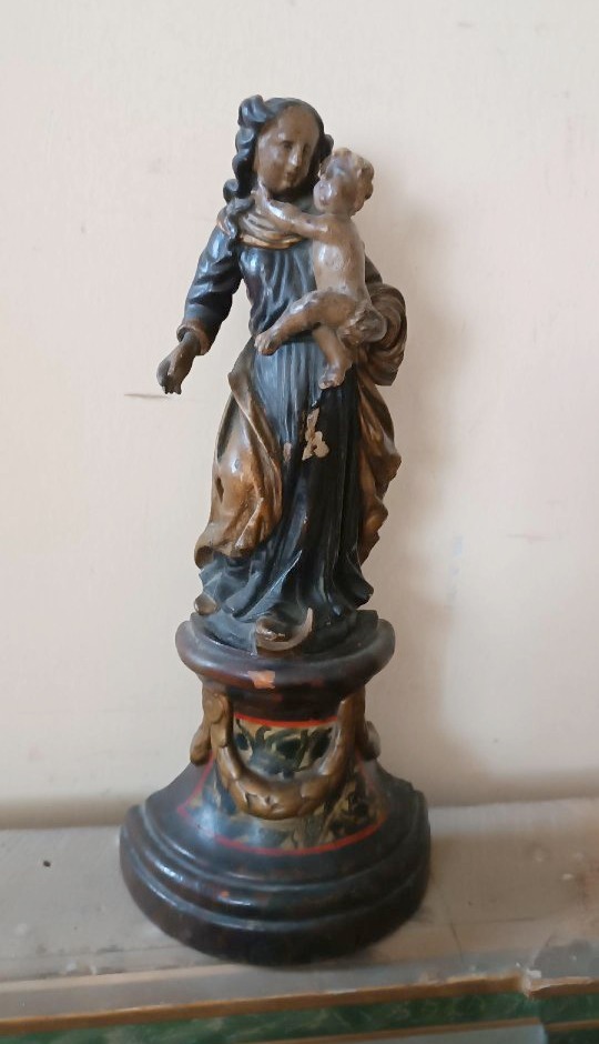 Antique Polychrome Baroque Wooden Sculpture, Madonna And Child-photo-2