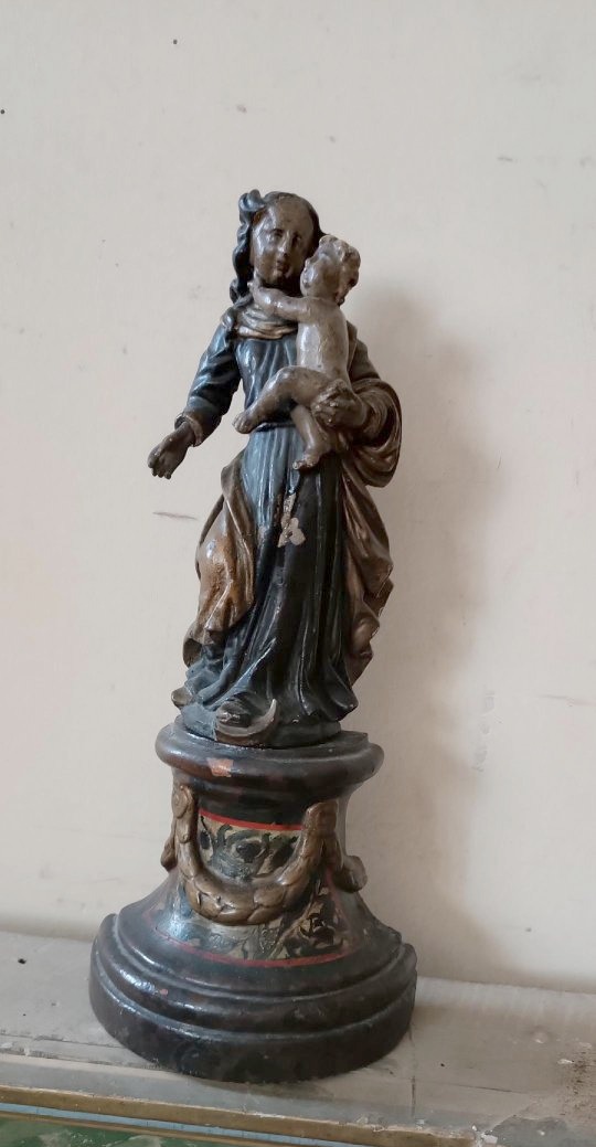 Antique Polychrome Baroque Wooden Sculpture, Madonna And Child-photo-3
