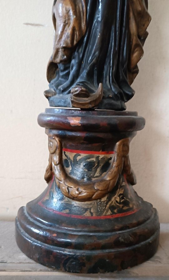 Antique Polychrome Baroque Wooden Sculpture, Madonna And Child-photo-4