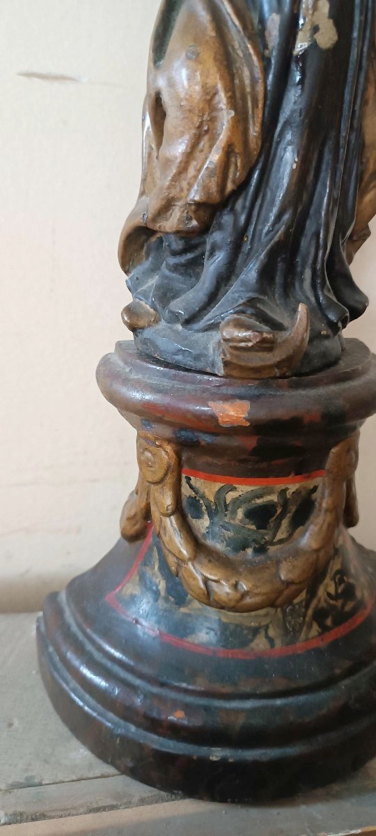 Antique Polychrome Baroque Wooden Sculpture, Madonna And Child-photo-1