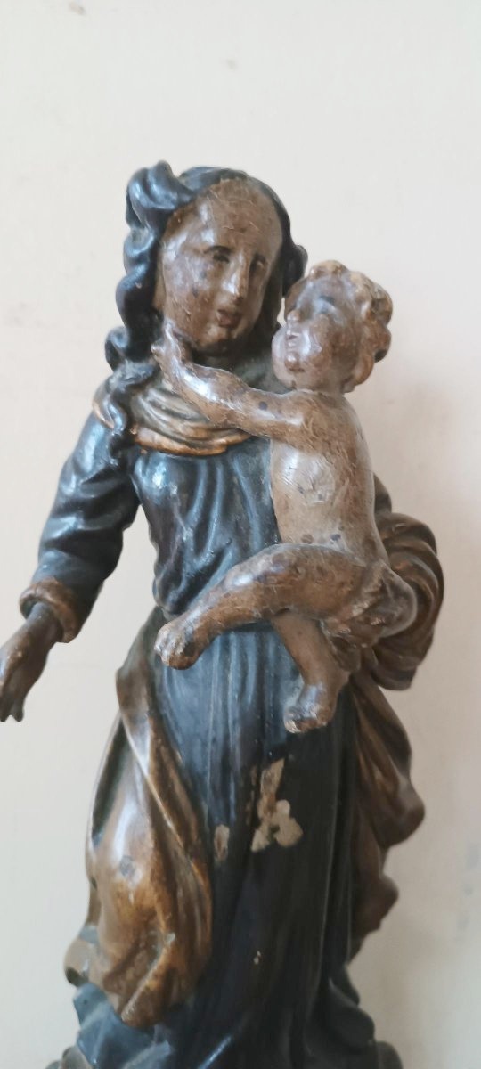 Antique Polychrome Baroque Wooden Sculpture, Madonna And Child-photo-2