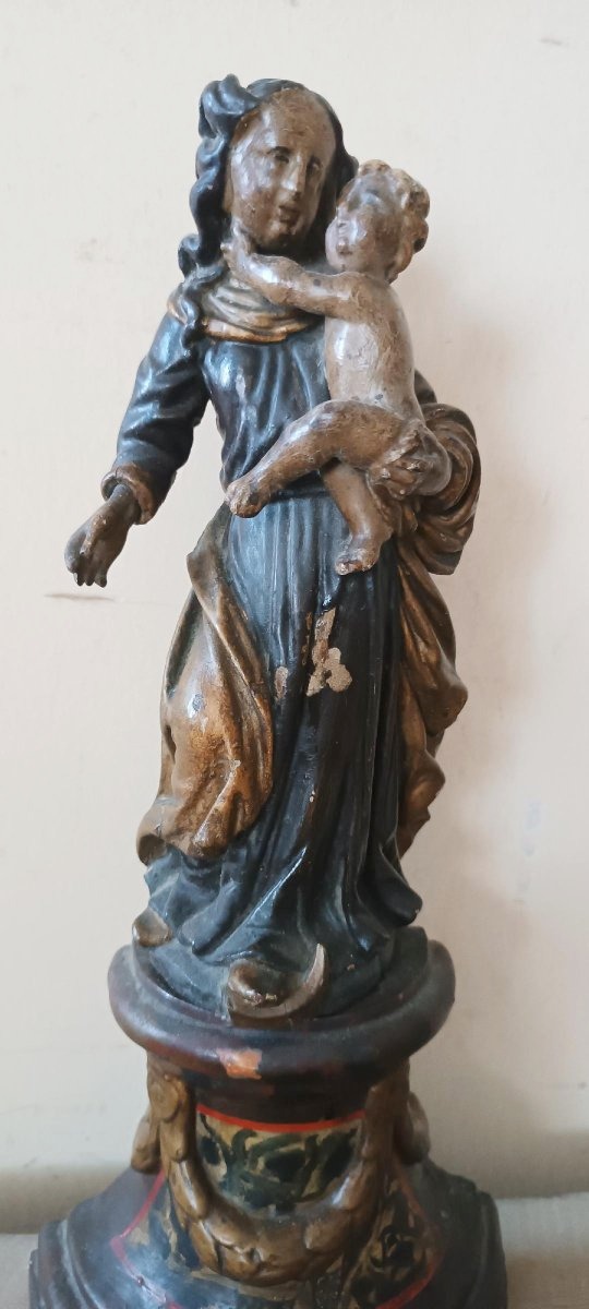 Antique Polychrome Baroque Wooden Sculpture, Madonna And Child-photo-3