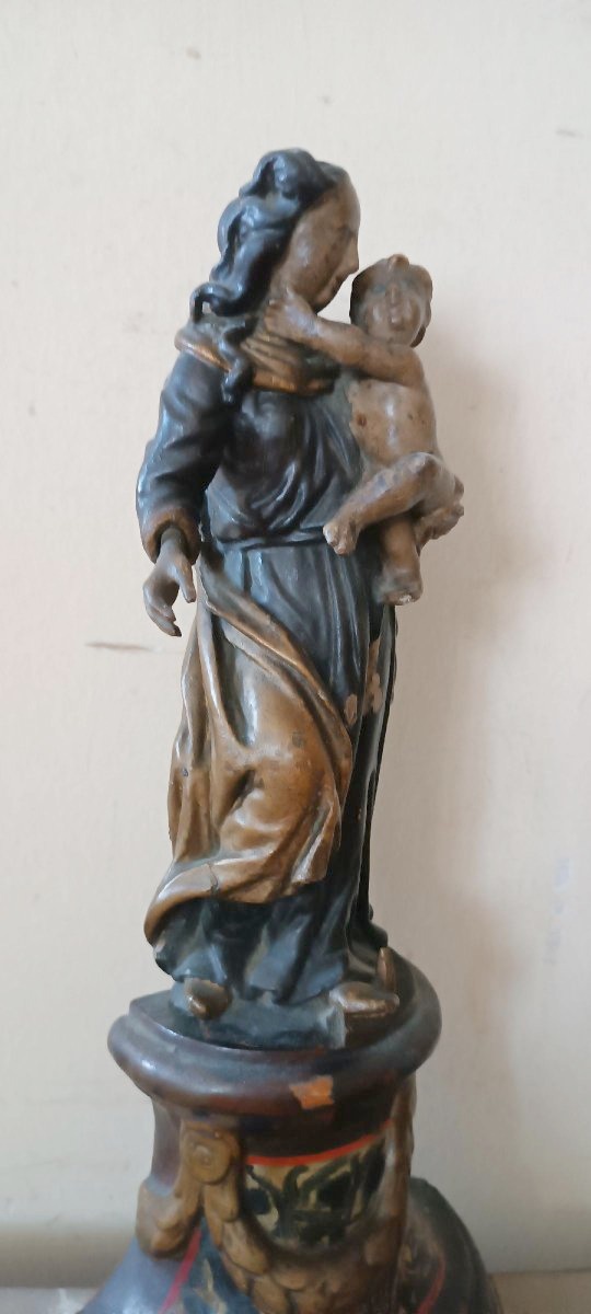 Antique Polychrome Baroque Wooden Sculpture, Madonna And Child-photo-4