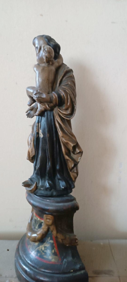 Antique Polychrome Baroque Wooden Sculpture, Madonna And Child-photo-5