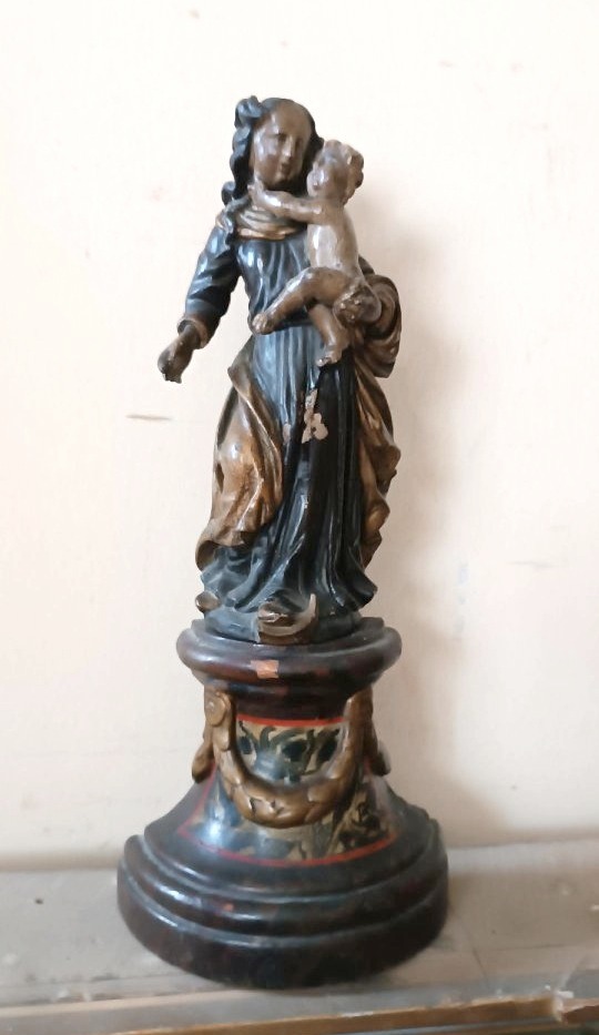 Antique Polychrome Baroque Wooden Sculpture, Madonna And Child