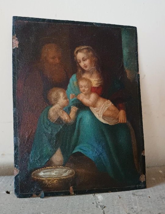 Peinture ancienne sur cuivre - Sainte Famille -