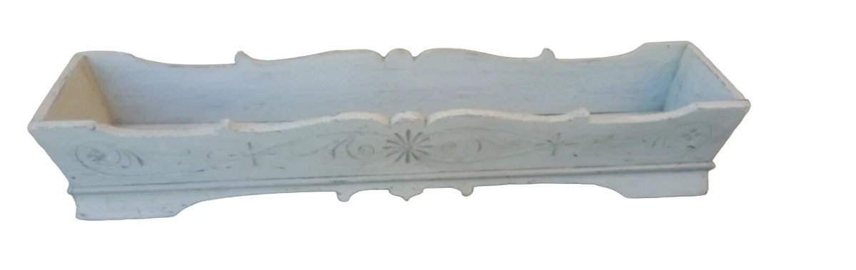 Jardinière ancienne en bois peint de style Liberty, façonnée et gravée-photo-3