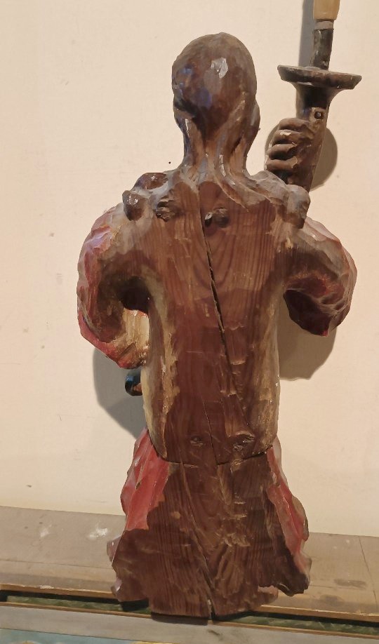 Paire antique d'anges en bois polychrome tenant des bougies, datant du XVIIe siècle-photo-6